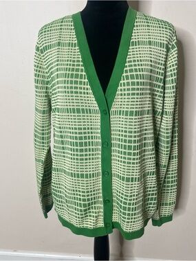 COS Green White Check V~Neck Button Up Knit Cardigan Sweater Women's Sz M